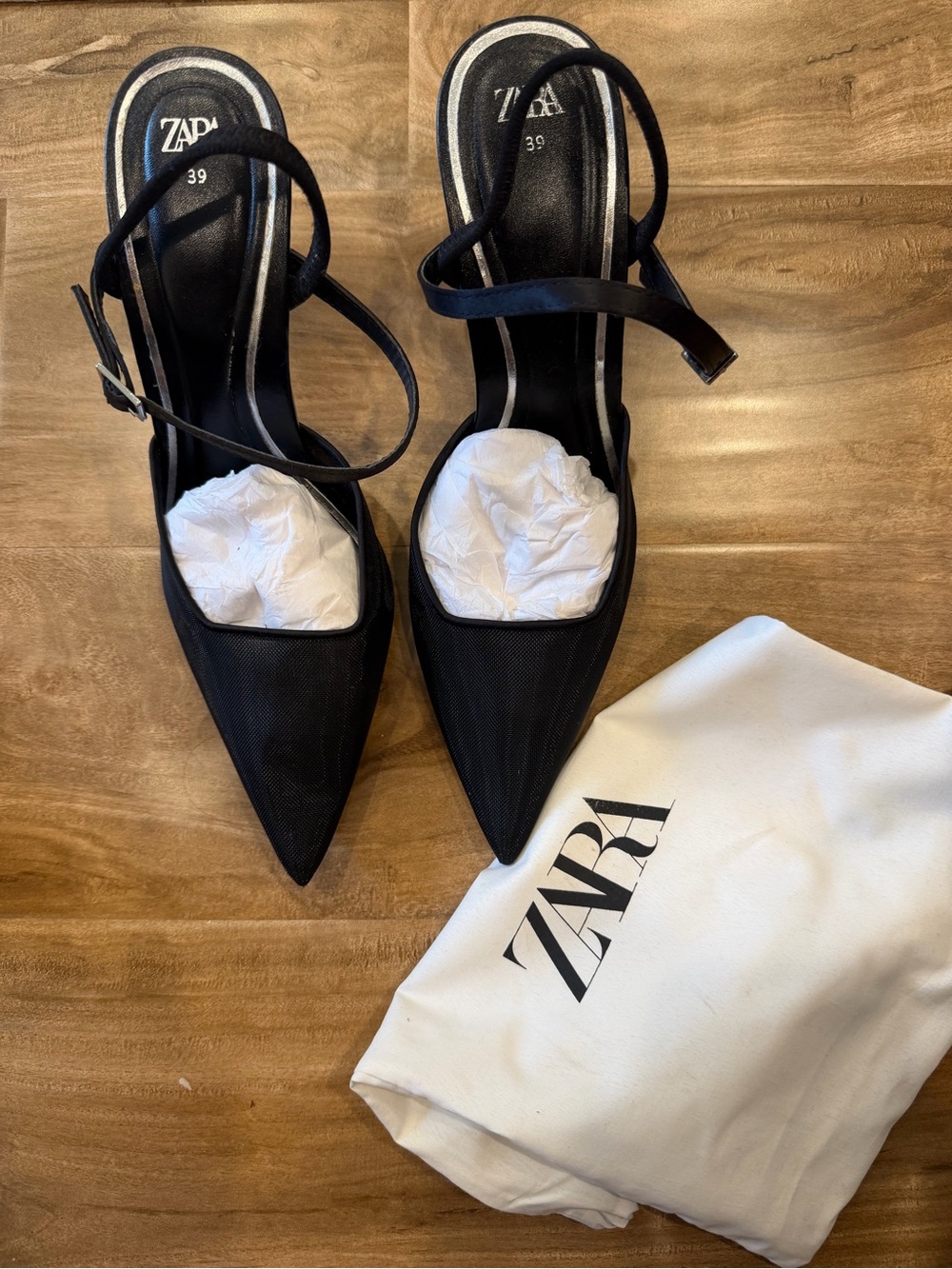 Zara Black Pointed Slingback Heels with Ankle Strap